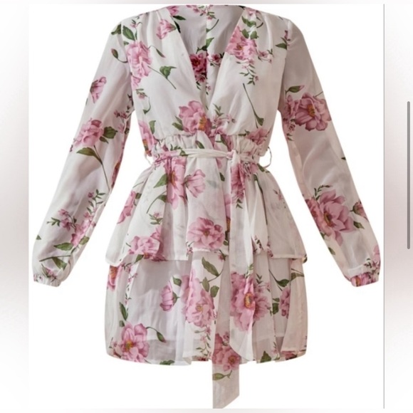 Pretty Little Thing White Floral Chiffon Double Tier Plunge Skater Dress Size 6 - Picture 5 of 6